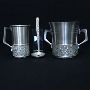 ITB Norway Tinn Pewter Ice Bucket w/ Scoop Ladle & Matching Mug Cup Folk Dancers